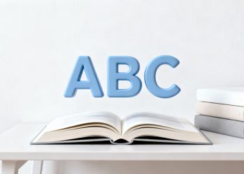 Livro aberto sobre a mesa com nome do curso ABC flutuante